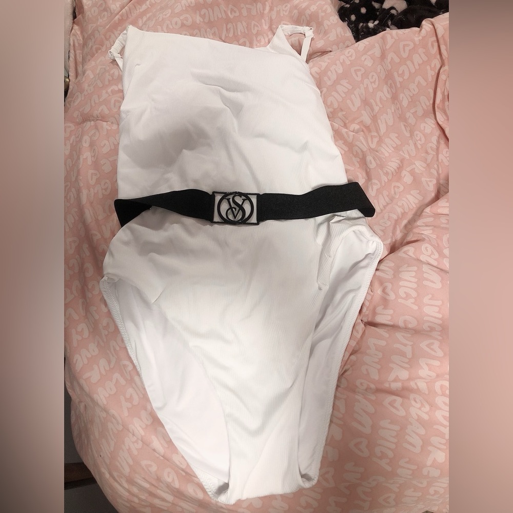Victorias Secret XL White One piece bathing suit Logo belt